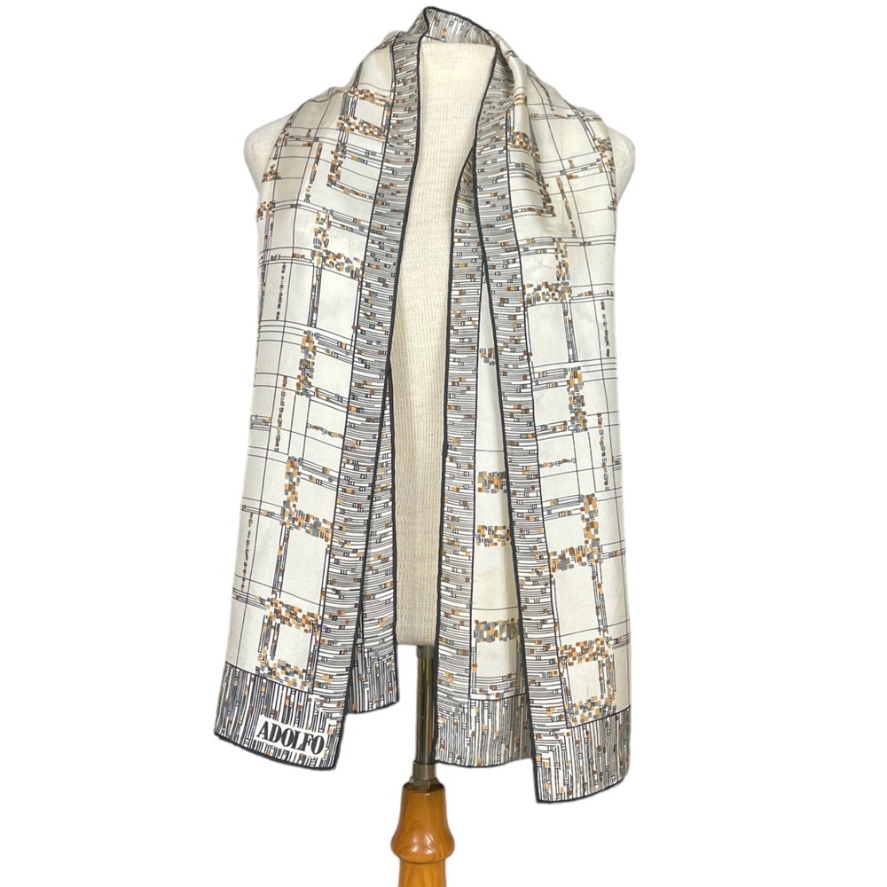 Adolfo Vintage Plaid Print Silk Scarf in Cream/Black - Picture 3 of 7